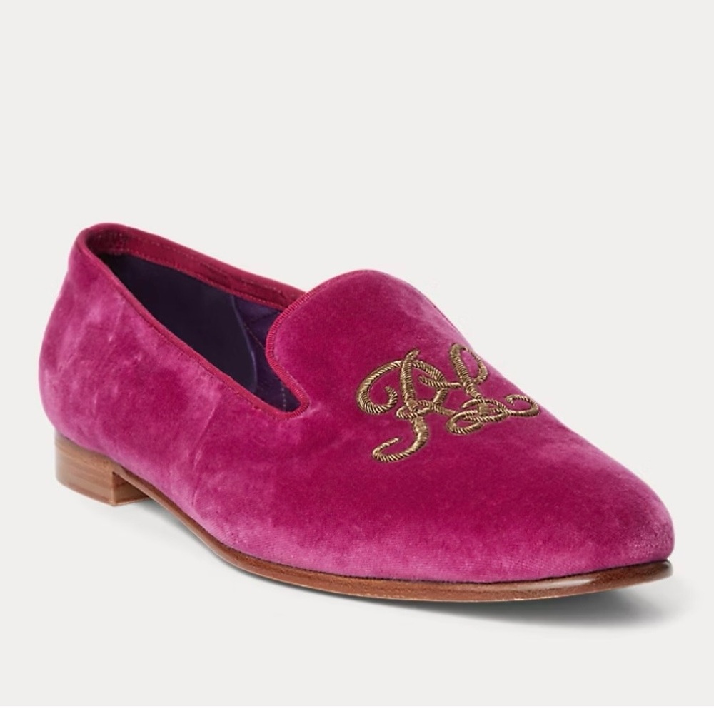 Ralph Lauren Purple Label Alonzo Embroidered Velvet Loafers- Summer Berry- 8